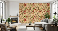 Tropical Flowers and Hummingbirds Vintage Style Wallpaper with hanging trumpet blooms