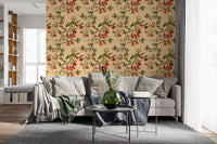 Tropical Flowers and Vintage Style Wallpaper featuring illustrated birds