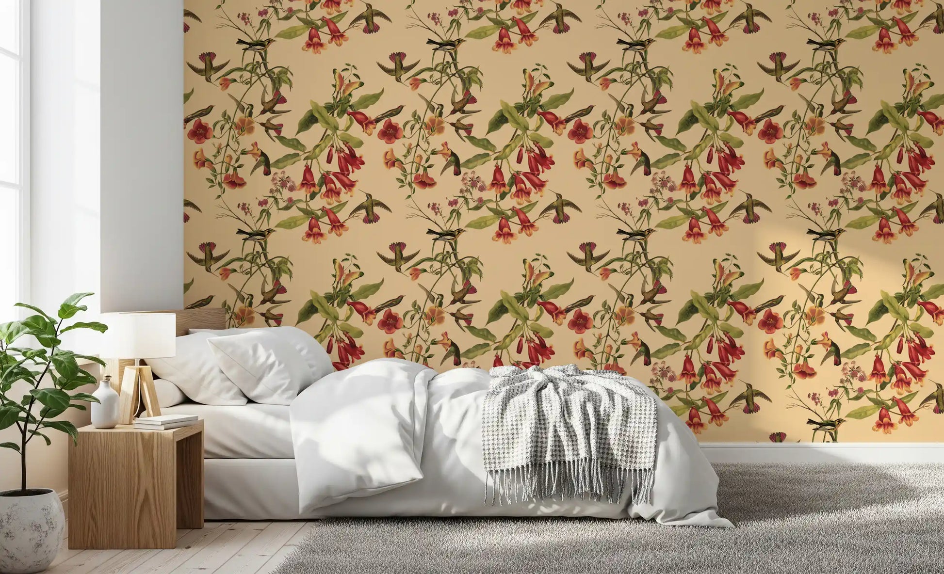 Tropical Flowers and Hummingbirds Vintage Style Wallpaper in warm botanical tones