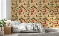 Tropical Flowers and Hummingbirds Vintage Style Wallpaper in warm botanical tones