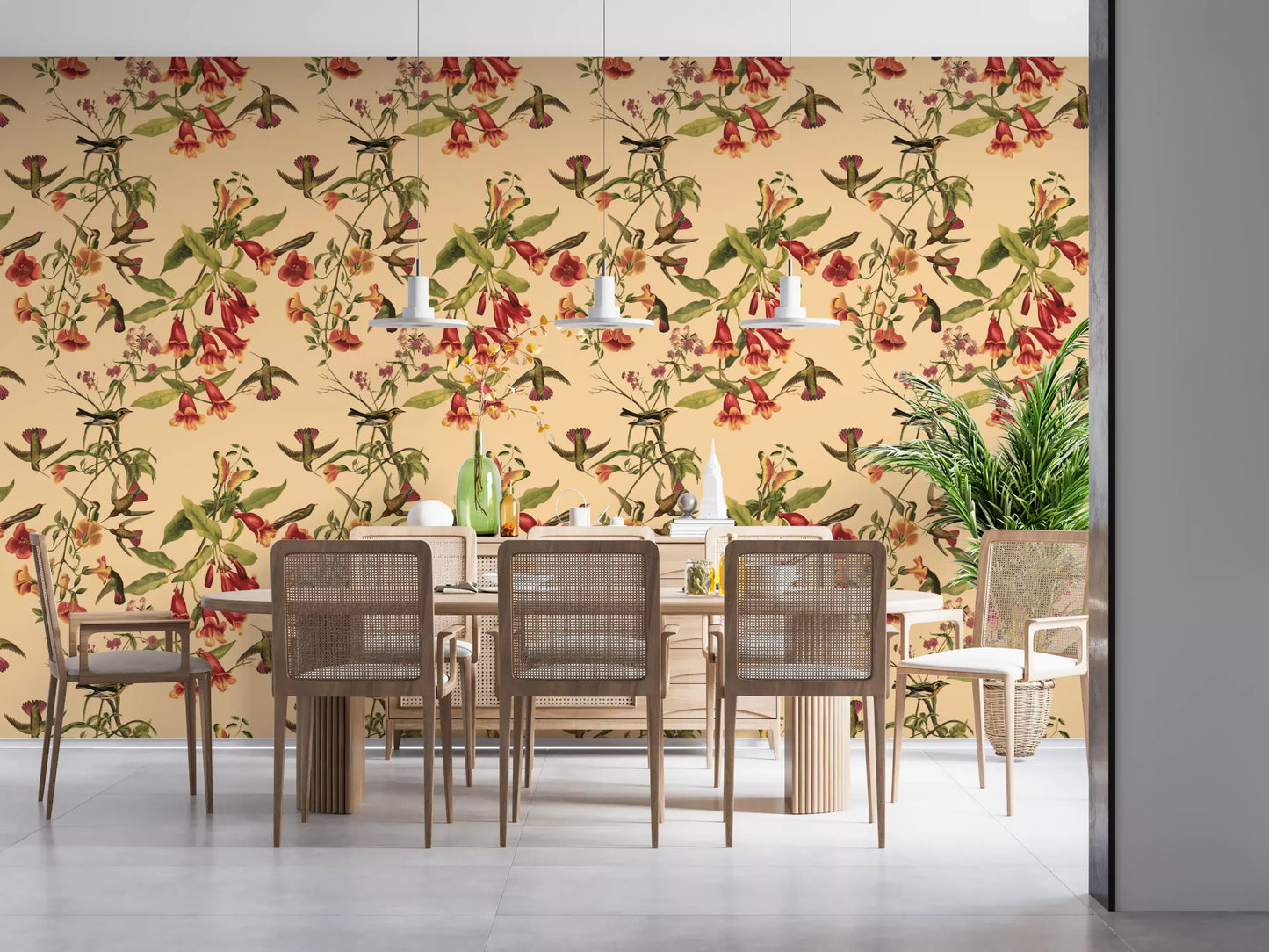 Tropical Flowers and Hummingbirds Vintage Style Wallpaper with hummingbirds and vines