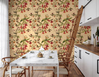 Kitchen Tropical Flowers and Hummingbirds Vintage Style Wallpaper with bird detail