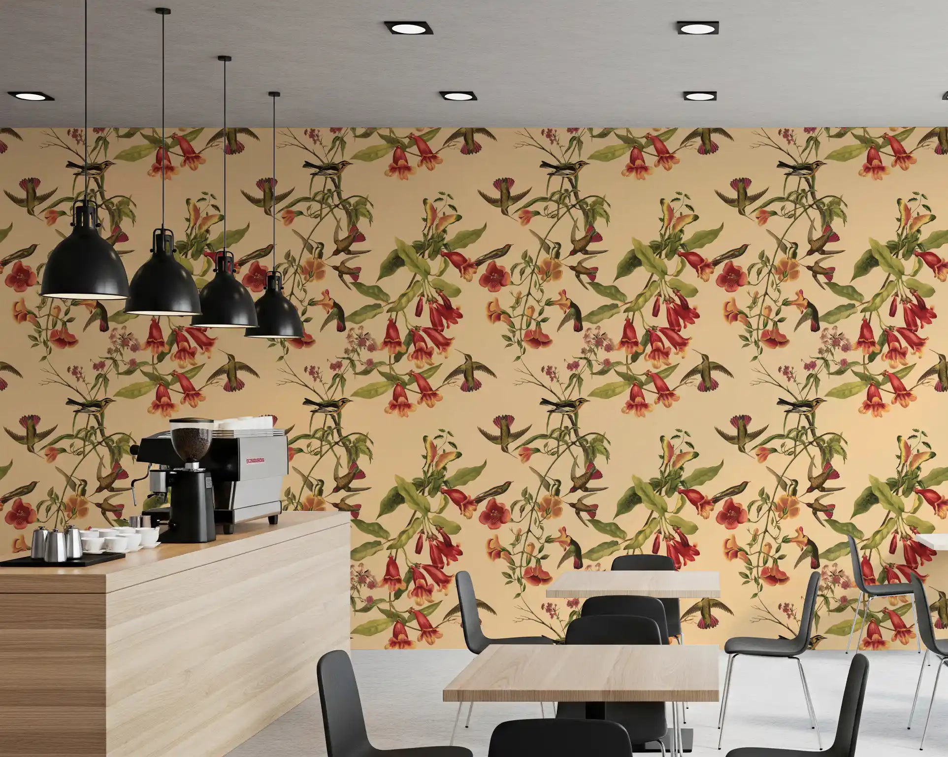 Cafe area Tropical Flowers and Hummingbirds Vintage Style Wallpaper in beige botanical print