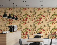 Cafe area Tropical Flowers and Hummingbirds Vintage Style Wallpaper in beige botanical print