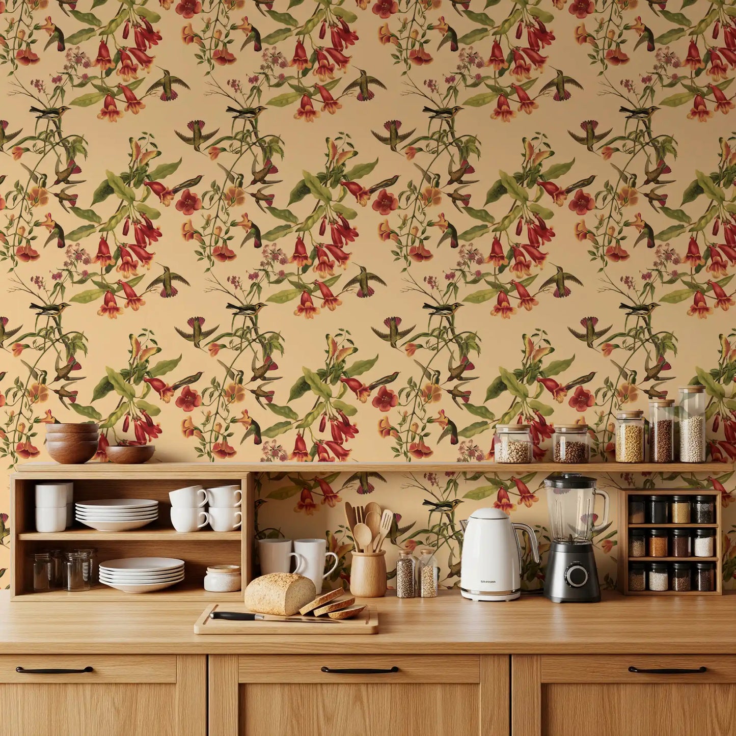Kitchen area Tropical Flowers and Hummingbirds Vintage Style Wallpaper with red flowers