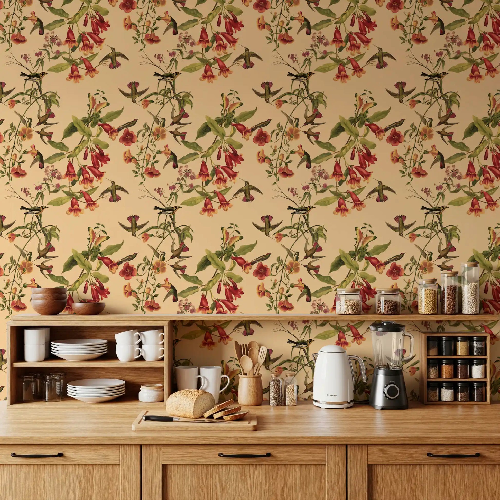 Kitchen area Tropical Flowers and Hummingbirds Vintage Style Wallpaper with red flowers