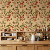 Kitchen area Tropical Flowers and Hummingbirds Vintage Style Wallpaper with red flowers