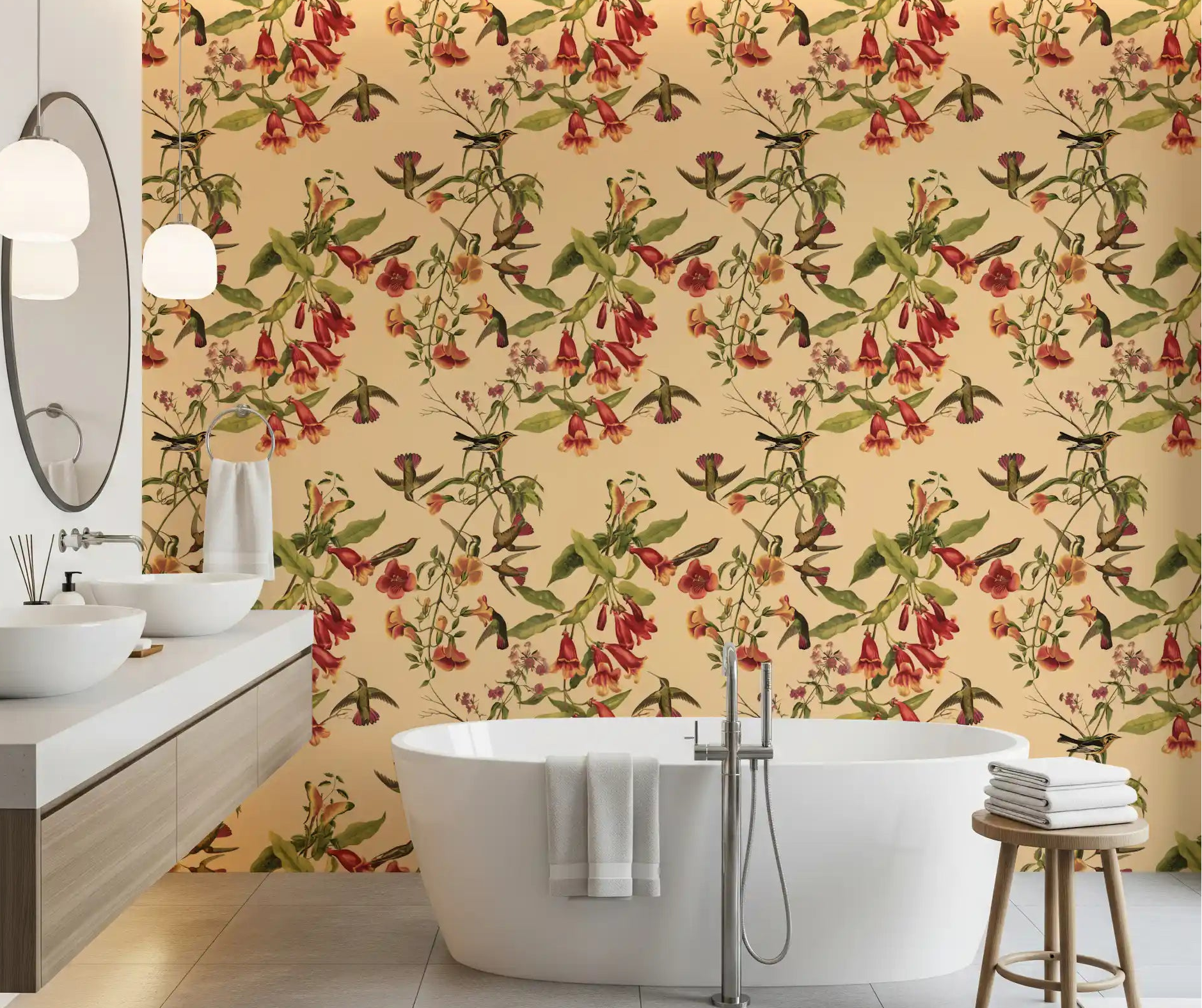 Bathroom Tropical Flowers and Hummingbirds Vintage Style Wallpaper with coral blooms
