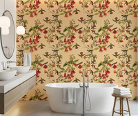 Bathroom Tropical Flowers and Hummingbirds Vintage Style Wallpaper with coral blooms