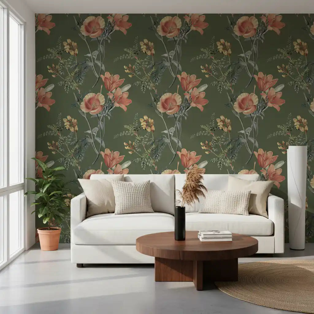 Traditionelle Blumen auf Olivenzweig Tapete