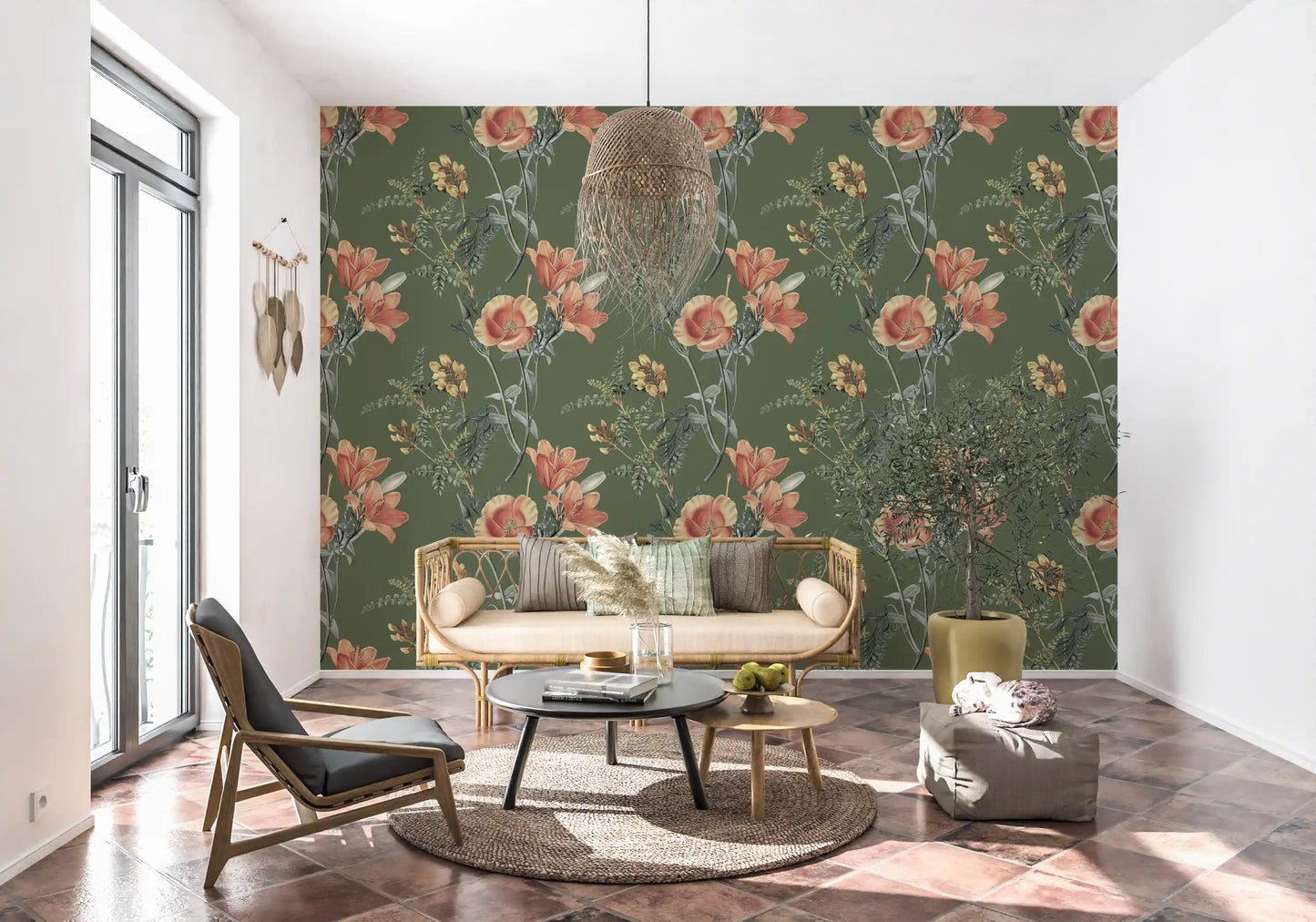 Traditionelle Blumen auf Olivenzweig Tapete