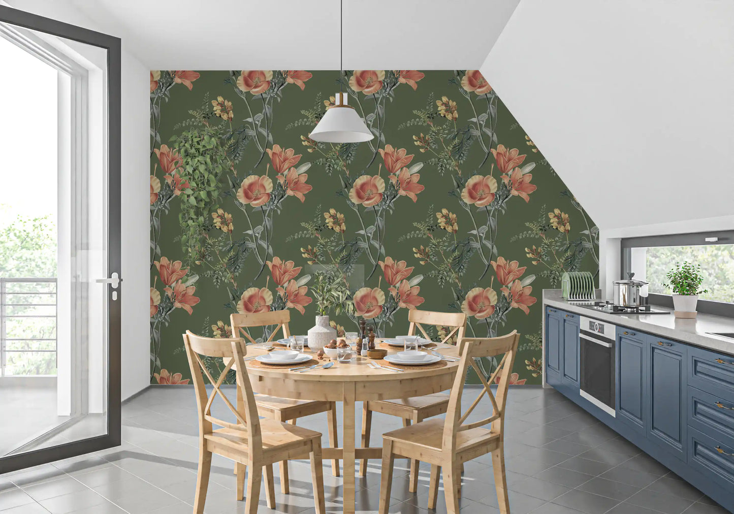 Traditionelle Blumen auf Olivenzweig Tapete