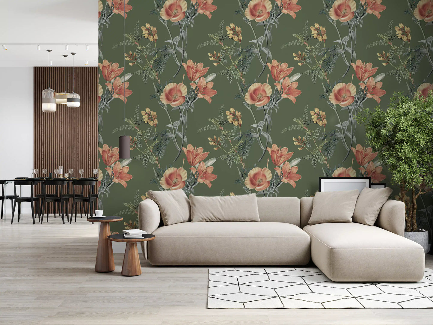 Traditionelle Blumen auf Olivenzweig Tapete