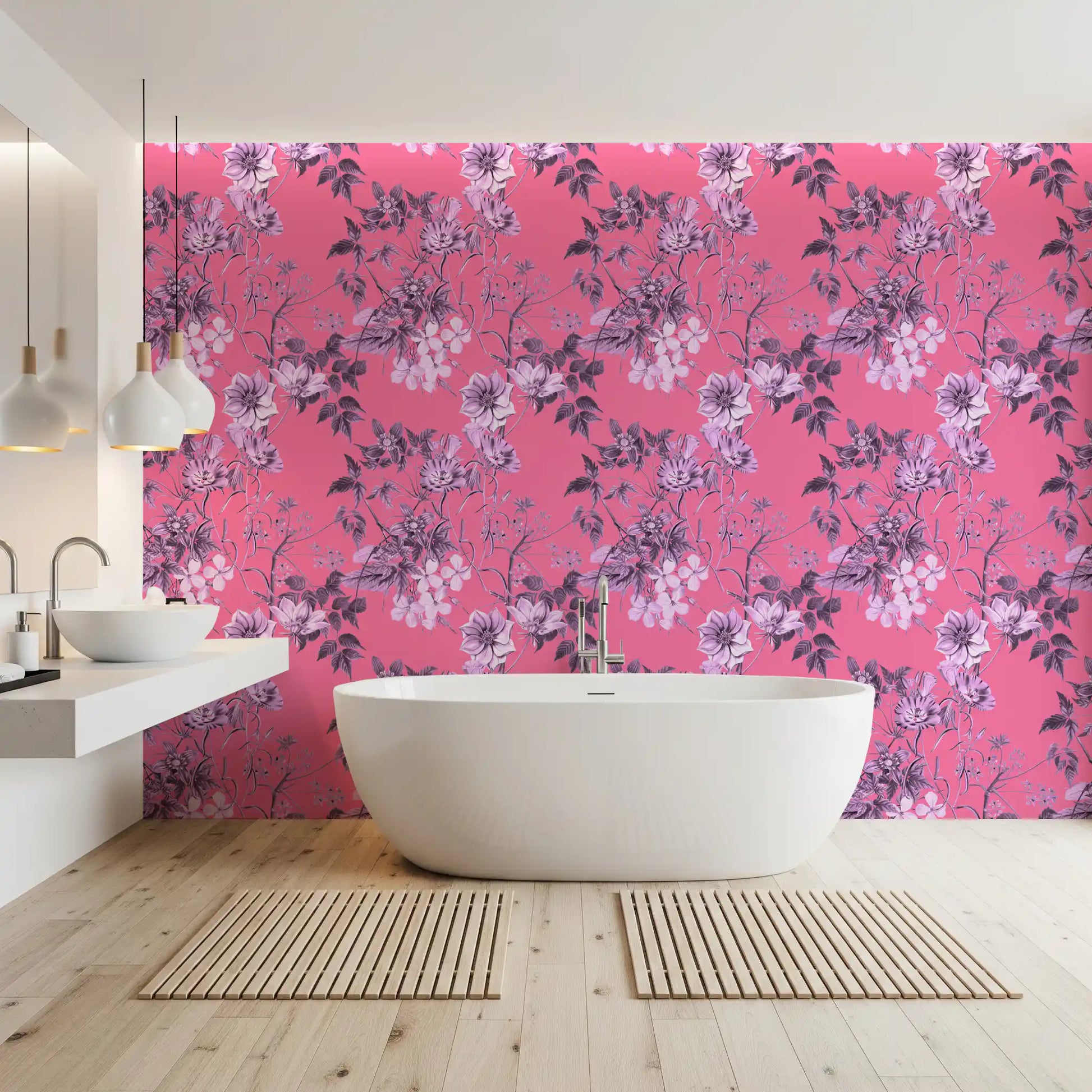Fuchsia Garden Prints design shows blossoms, stems, and leafy movement