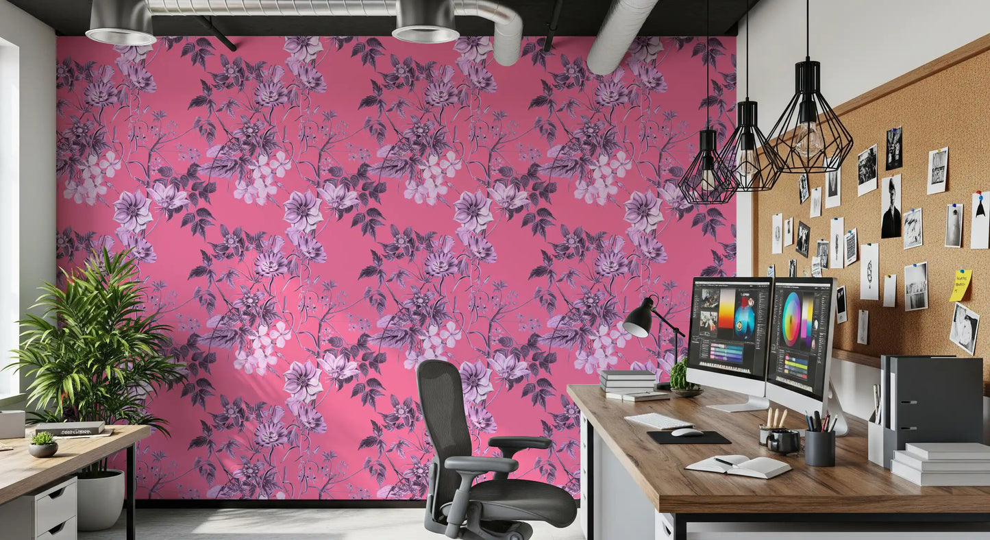 Floral sketch wallpaper with Garden Prints on a vivid fuchsia base