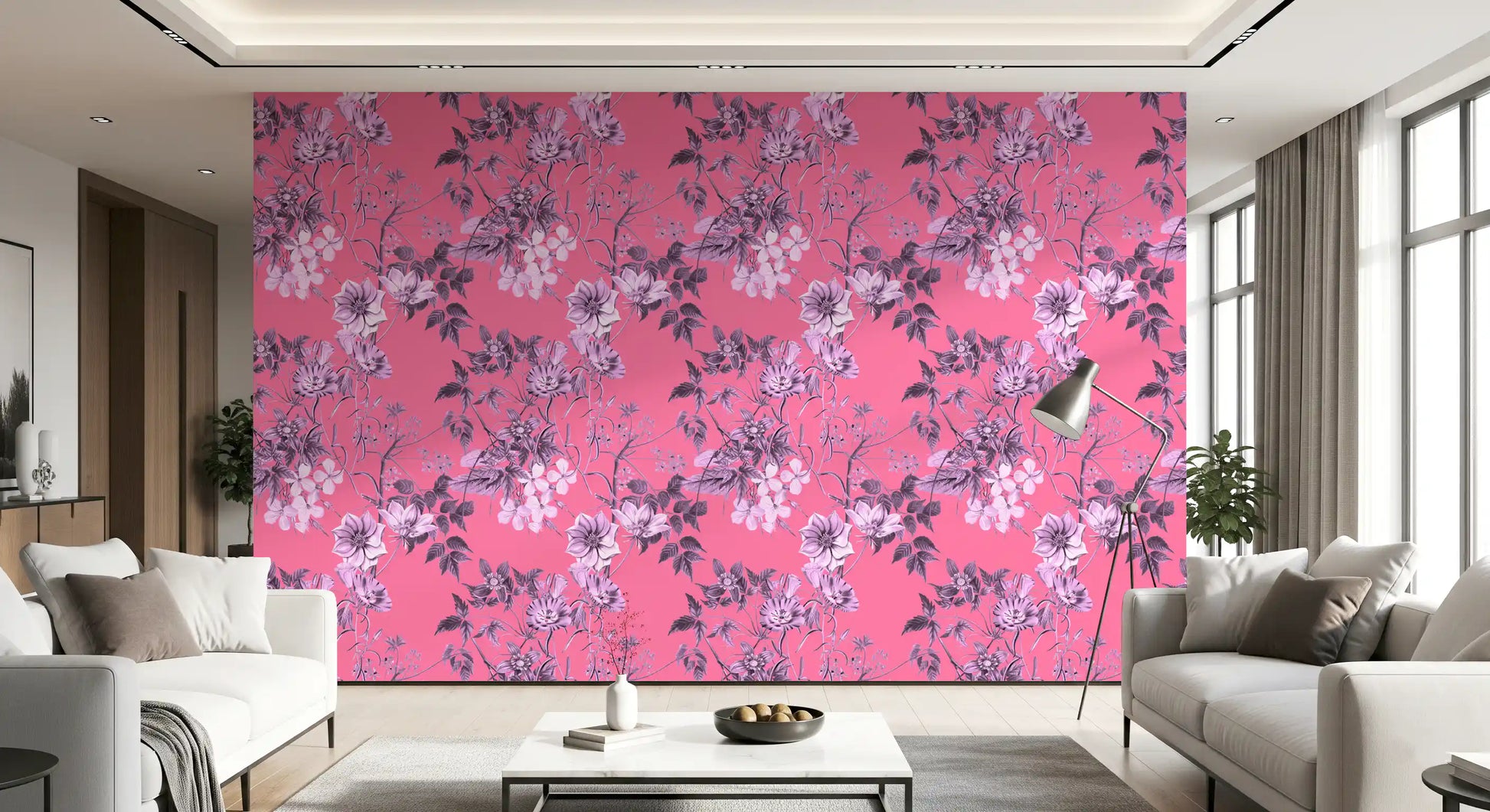 Living room shows Fuchsia Garden Prints wallpaper with bright pink florals