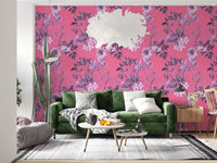 Hallway wall features Fuchsia Garden wallpaper with leafy flower detail