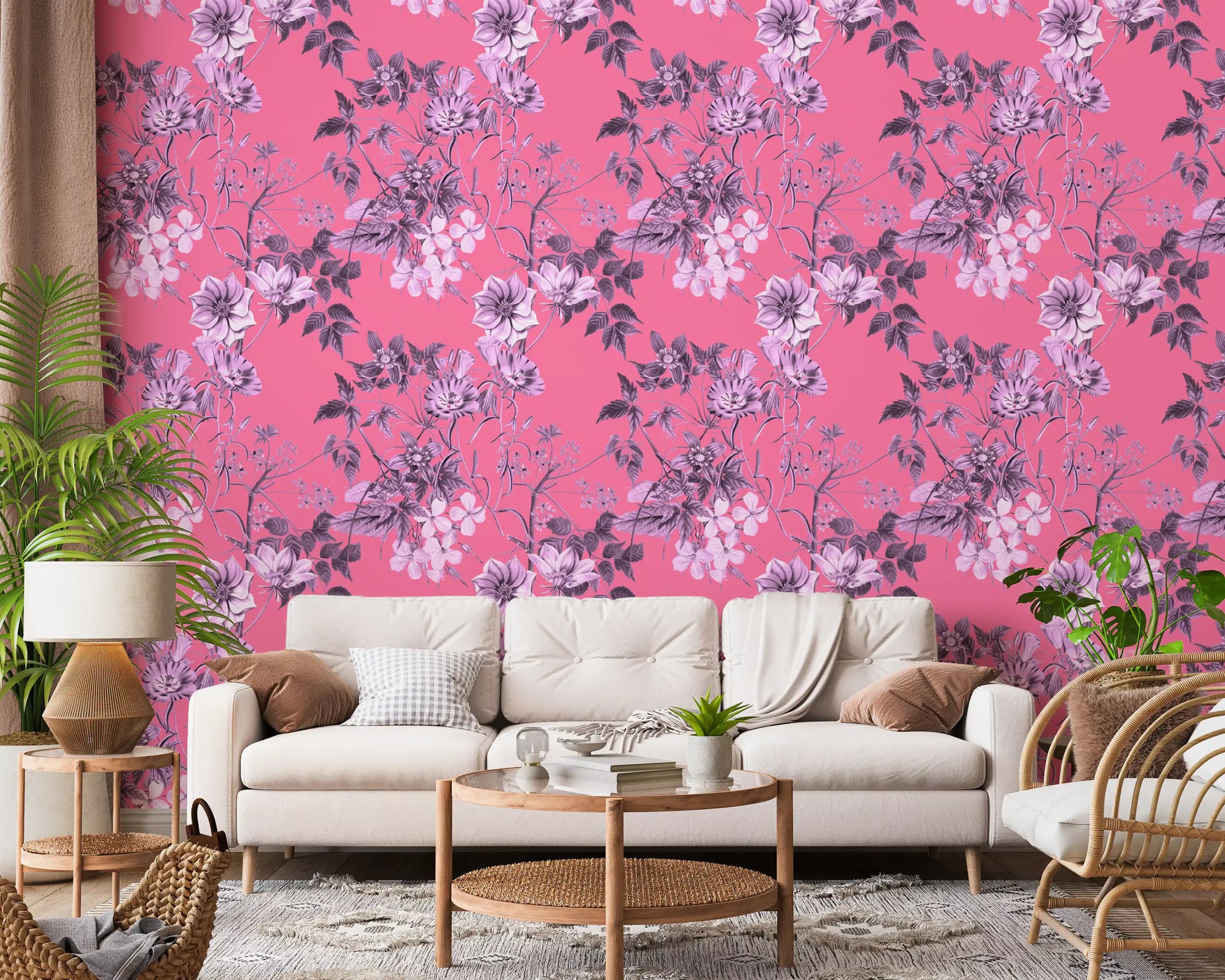 Pink botanical wallpaper featuring Fuchsia floral artwork and vines