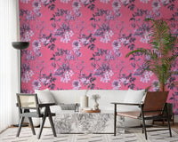 Bright pink wallpaper carrying Fuchsia Garden flowers and grey leaves