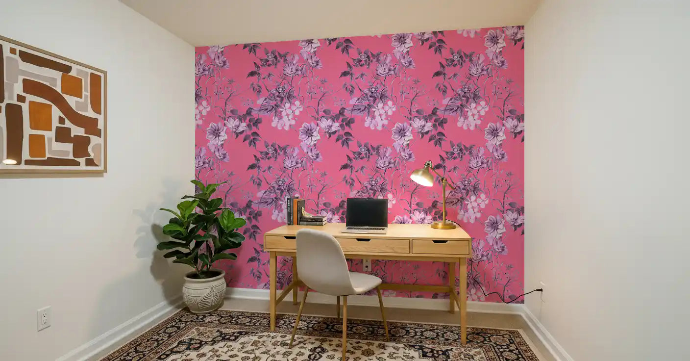 Office room finished in Fuchsia Garden Prints wallpaper with vine detail