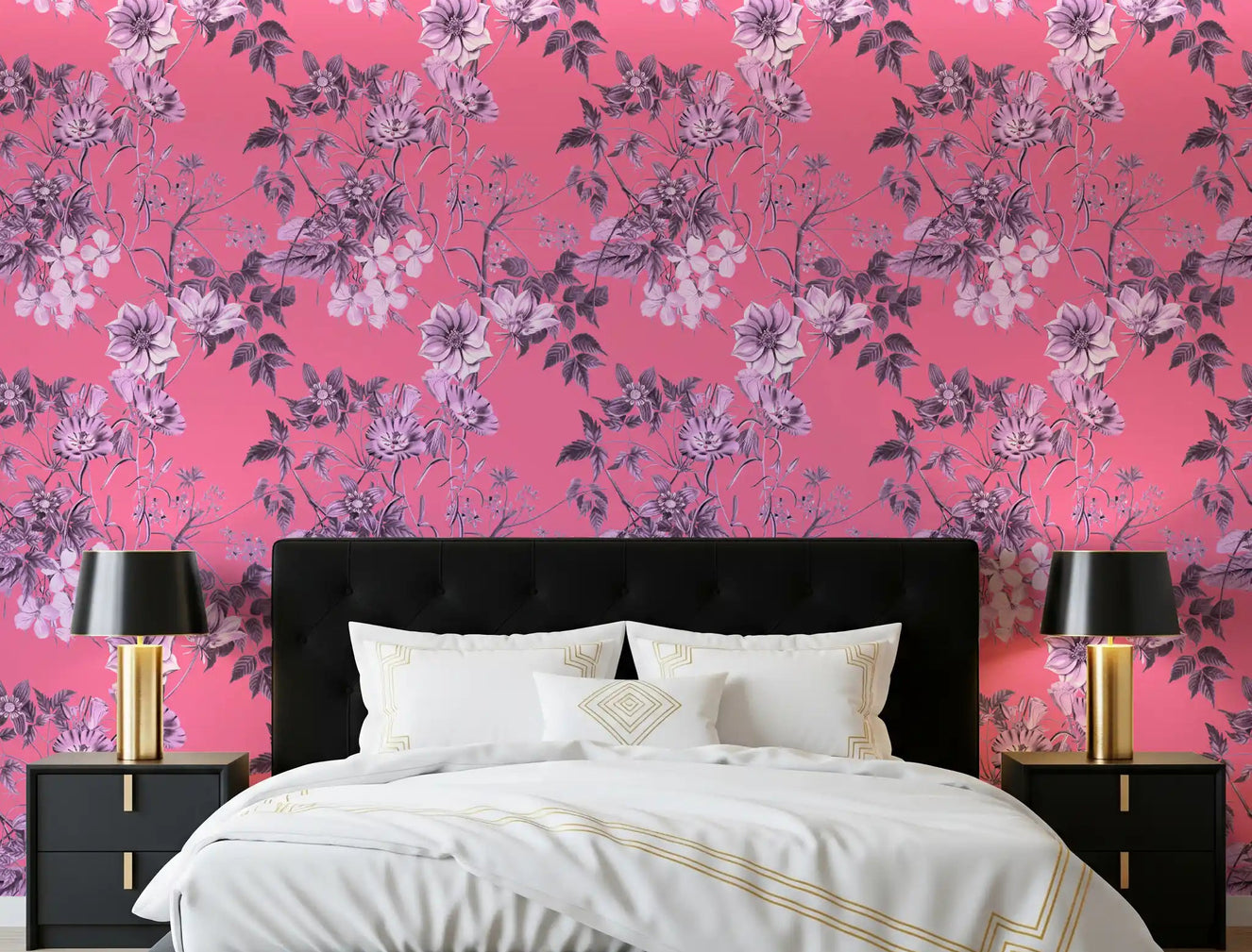 Garden flower wallpaper with Fuchsia Garden Prints and soft grey detail