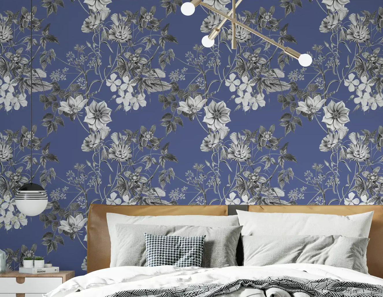 Bedroom view with Botanical Sketch Vinca wallpaper in soft blue