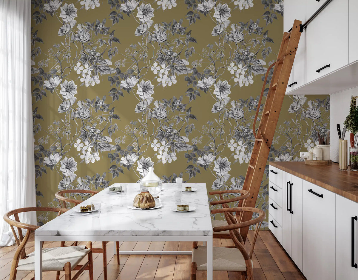 Golden Botanical Prints Wallpaper - Floral Line Art Design