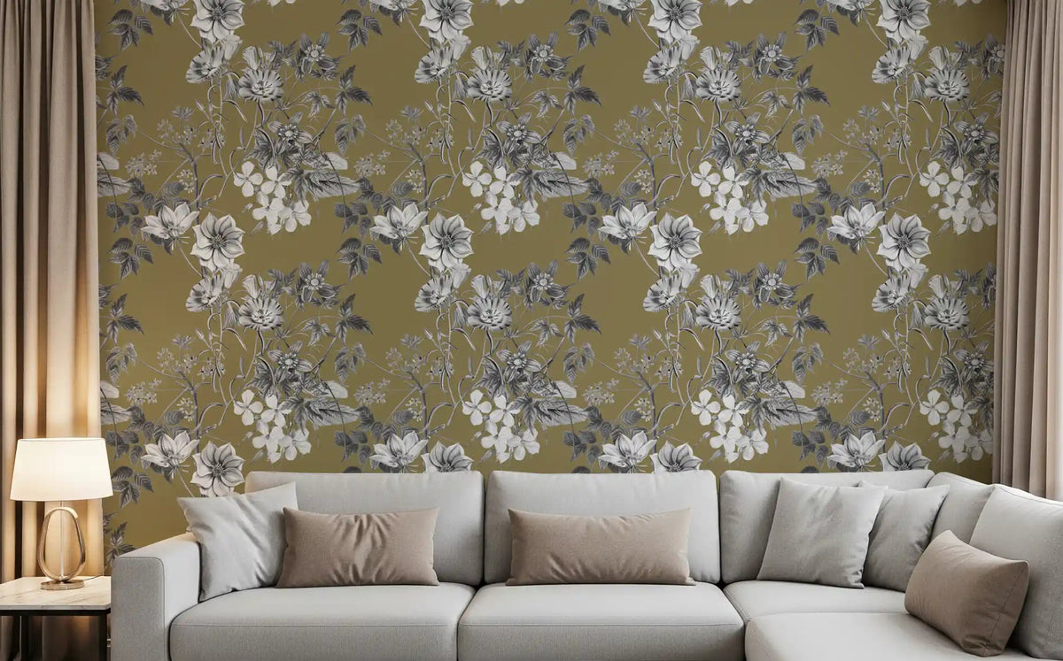 Golden Botanical Prints Wallpaper - Floral Line Art Design