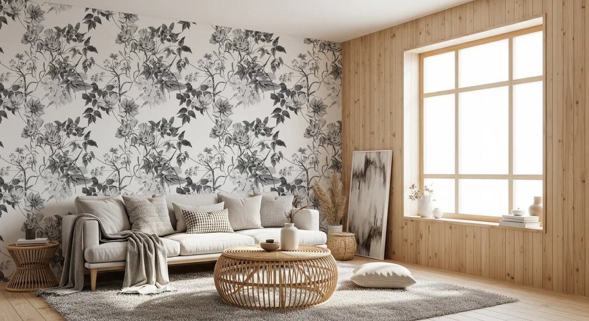 Monochrome Botanical Wallpaper - Floral Print Design