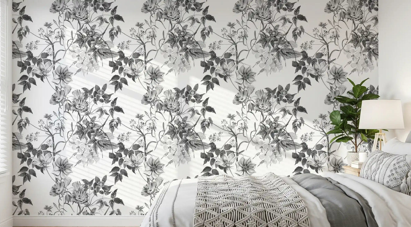 Bedroom Monochromatic Botanical Prints wallpaper with grey florals