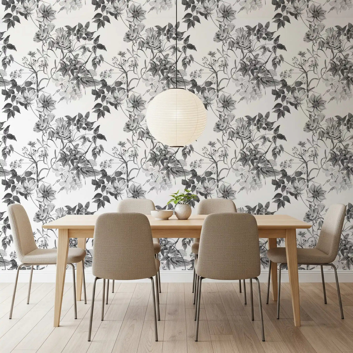 Monochrome Botanical Wallpaper - Floral Print Design
