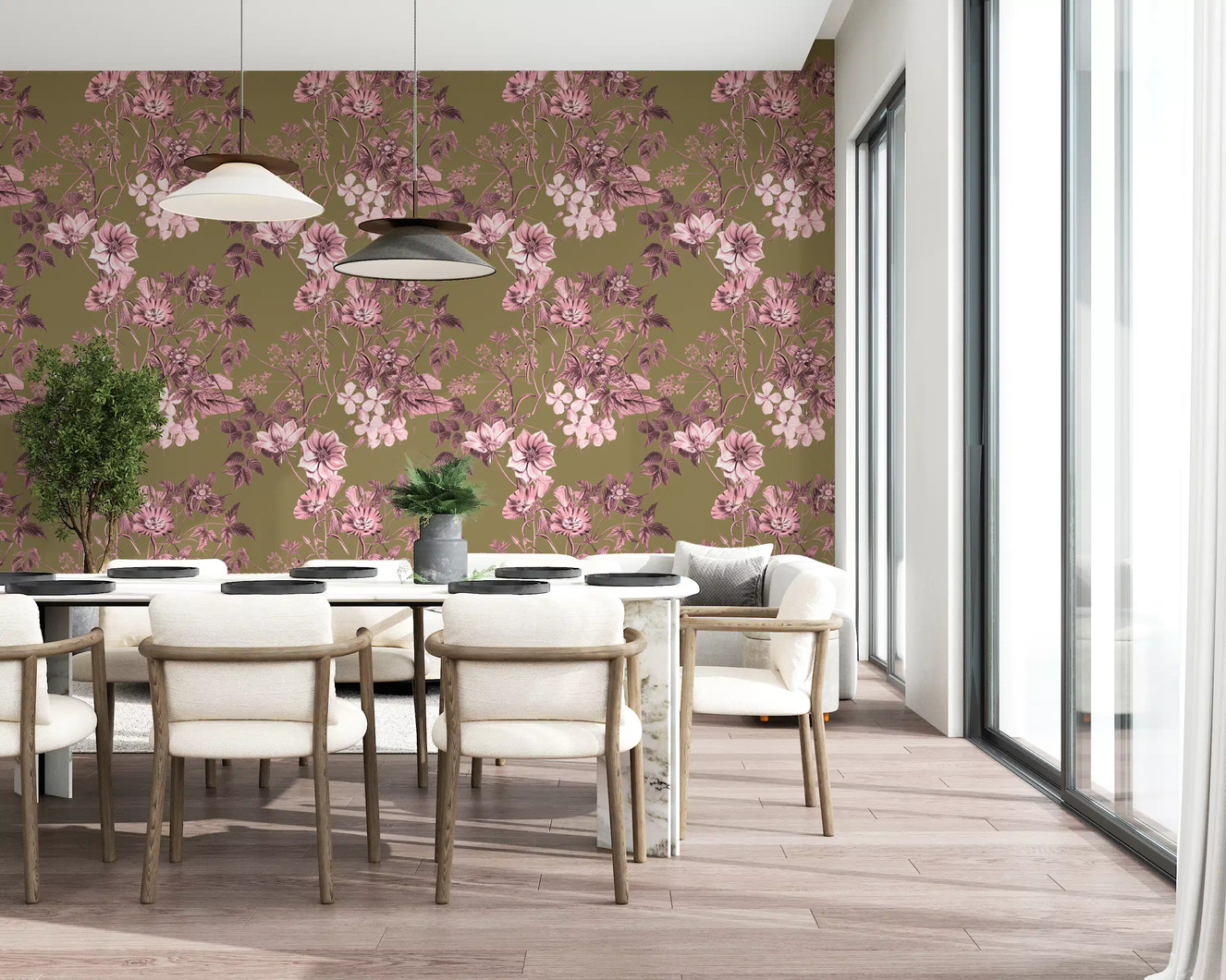 Flores de herencia : papier peint rose et olive