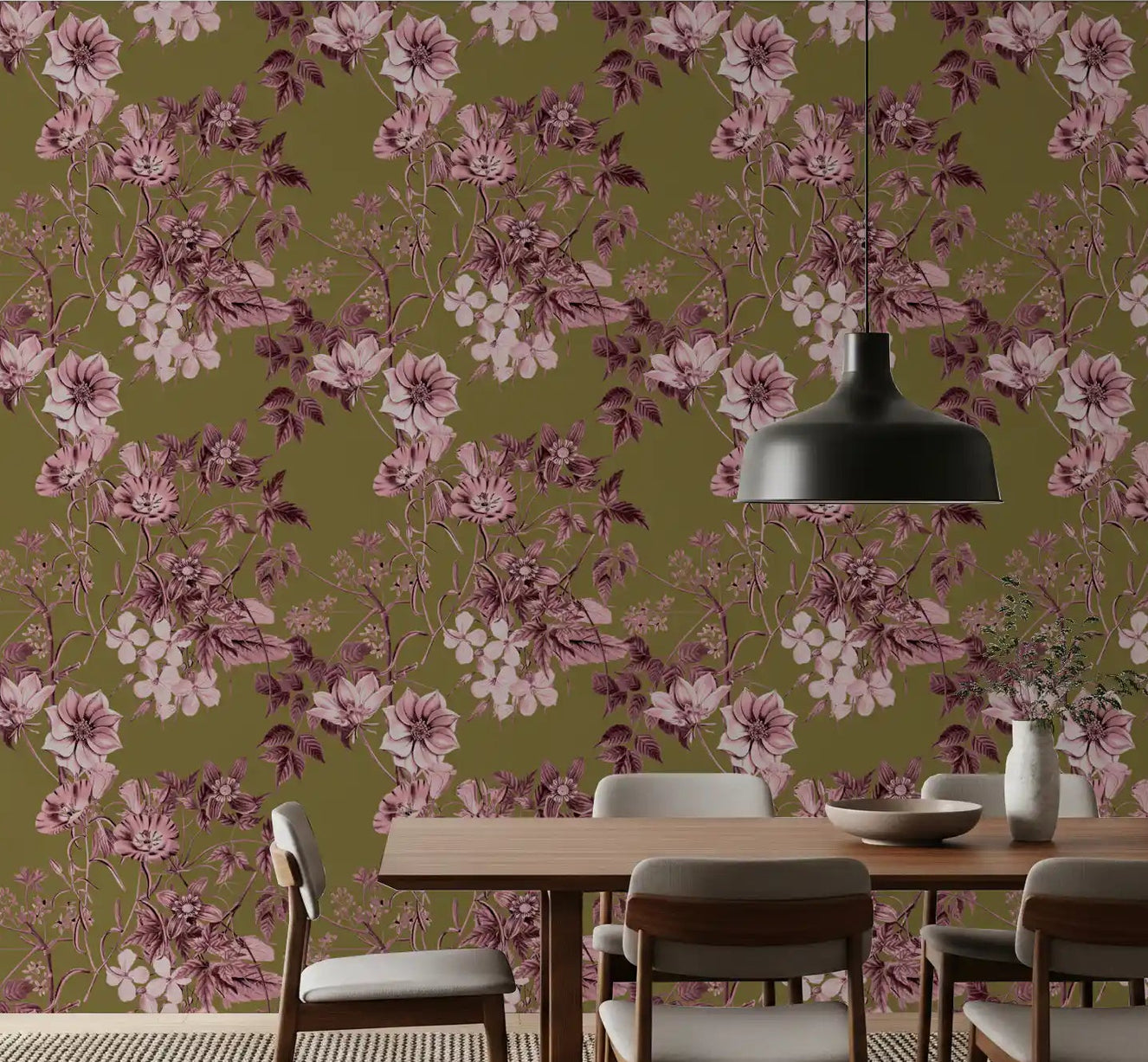 Dining room wall finished in Vintage Botanical Blush wallpaper with olive tone