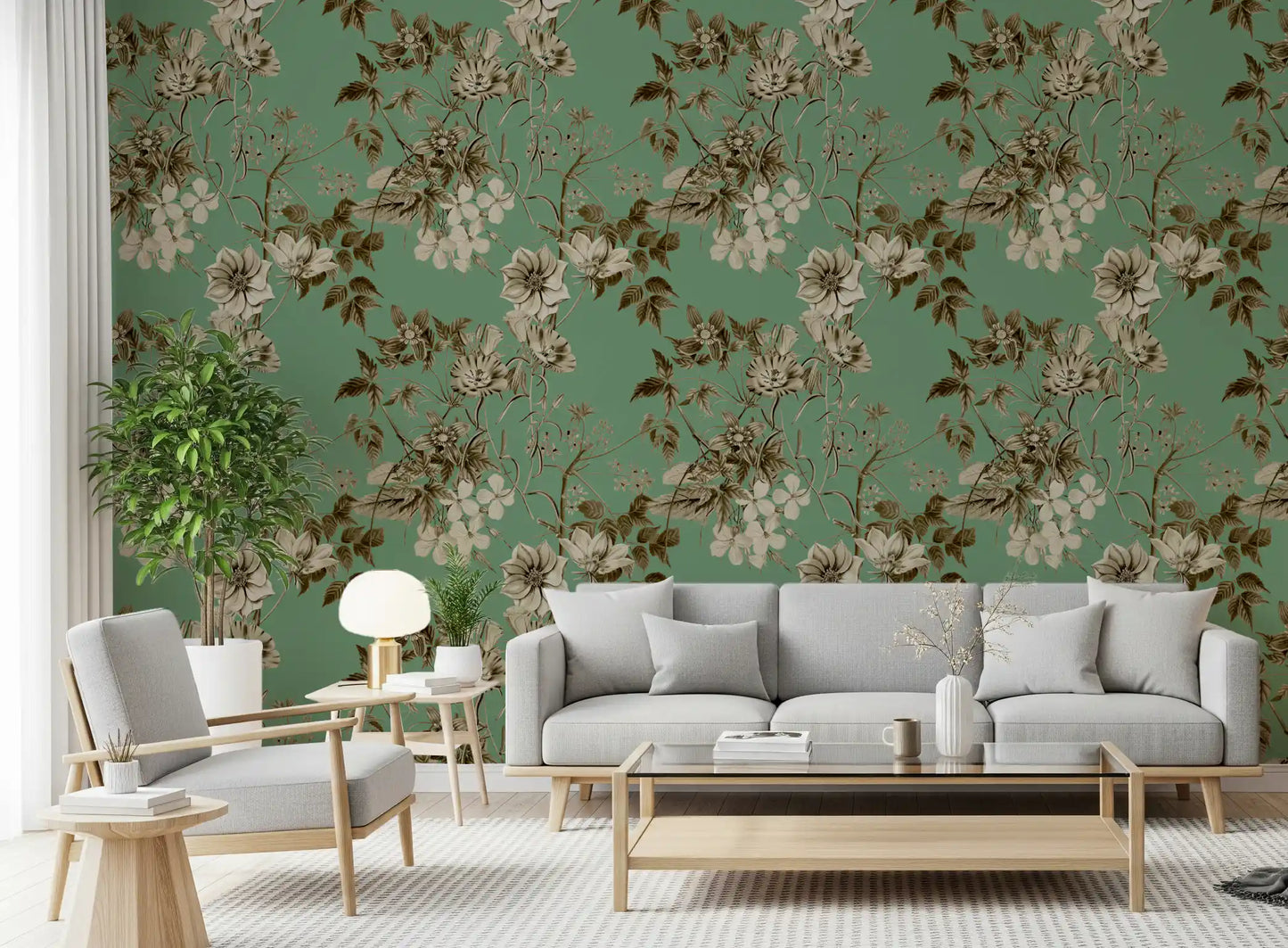 Élégance botanique en tons sépia et jade. Papier peint