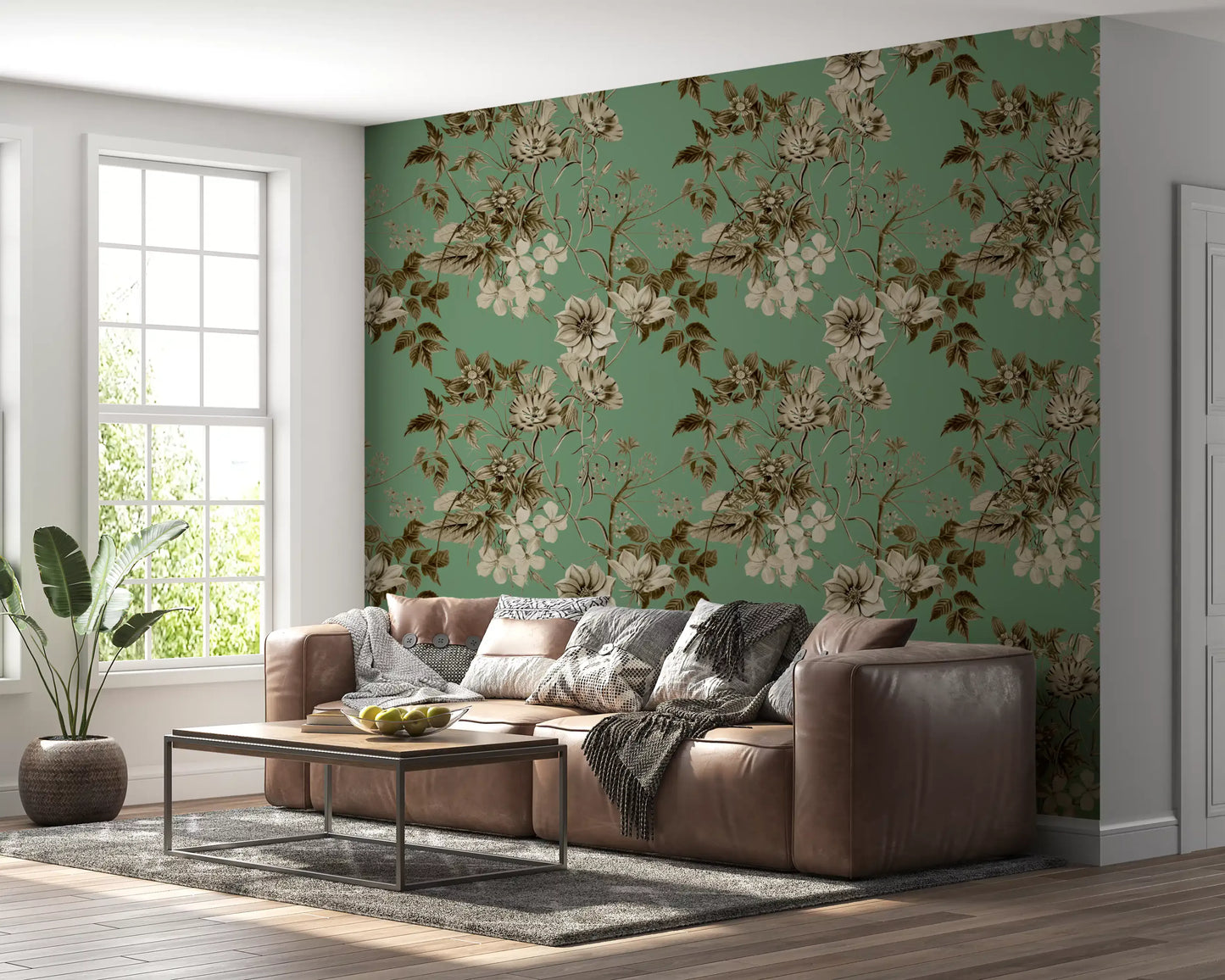 Élégance botanique en tons sépia et jade. Papier peint