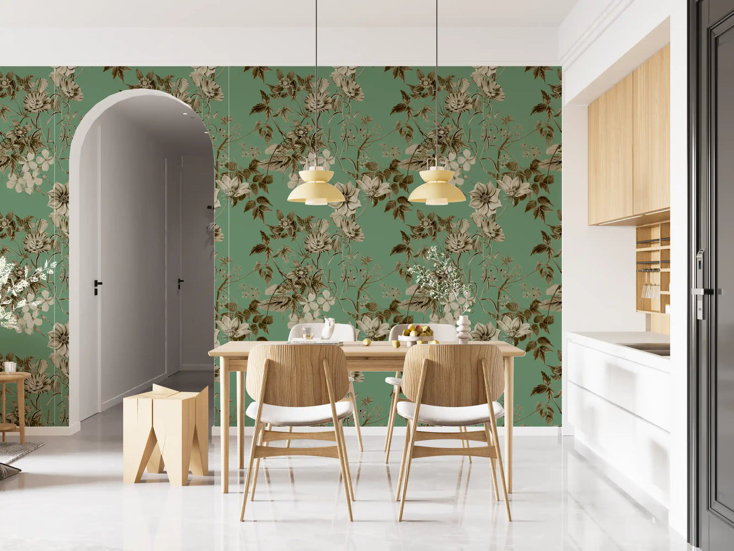 Élégance botanique en tons sépia et jade. Papier peint