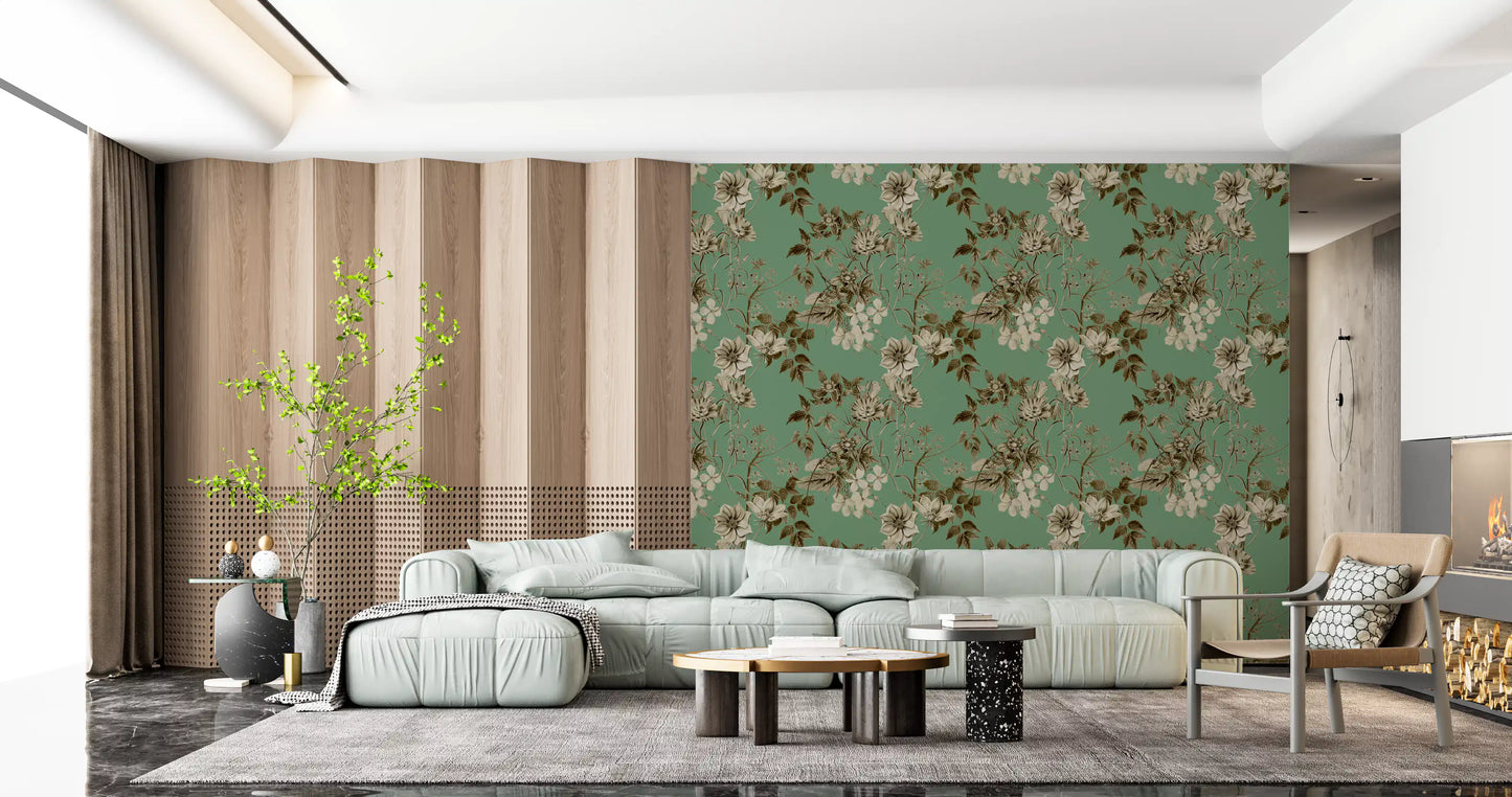Élégance botanique en tons sépia et jade. Papier peint