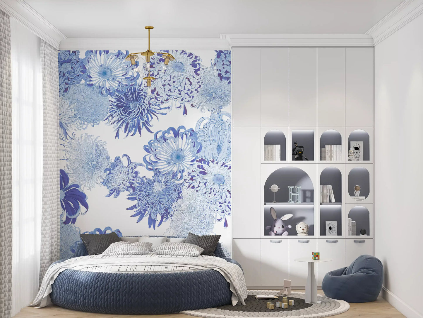 Fresque murale Cascade de chrysanthèmes bleus