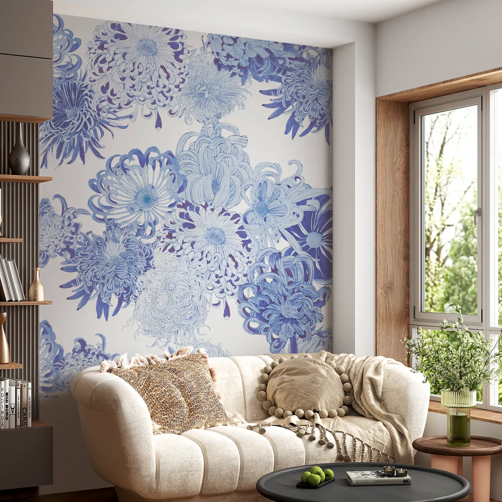 Indigo chrysanthemums cover the living room behind a low sofa in this wall mural.