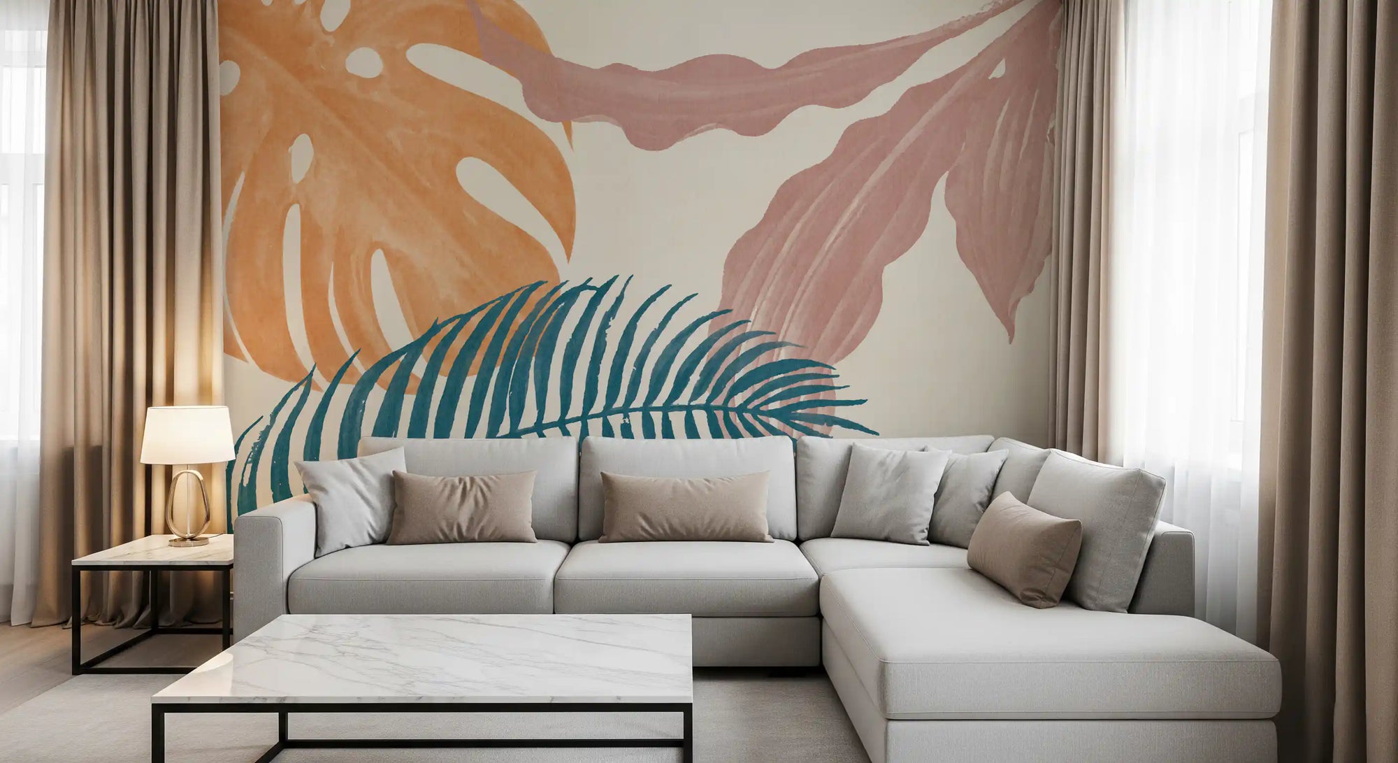 living room gains a calm leafy feature with the Botanical Flow wall mural.