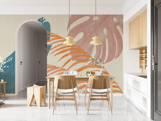 Mid-Century Foliage Flow wall mural lifts the dining room with mauve and rust leaves.