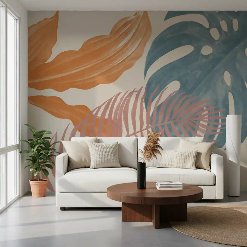 Papier peint mural feuilles tropicales délavées