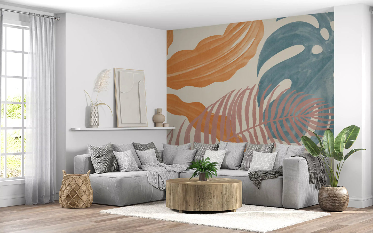 Papier peint mural feuilles tropicales délavées