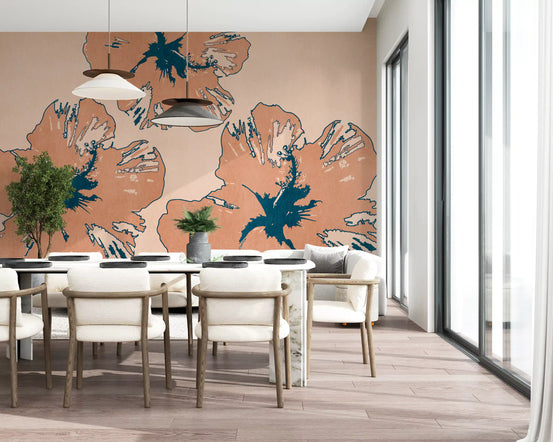 Peach hibiscus blooms spread through a dining room on the Tropical Flow wall mural.