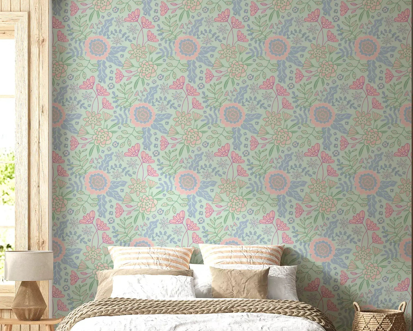 Fresh floral wallpaper with buds, leaves, and pastel mint styling