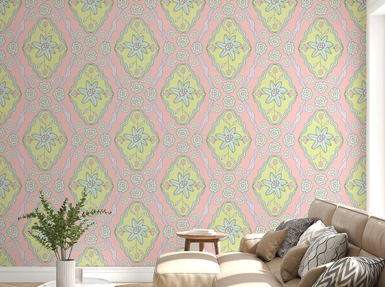 Decorative floral wallpaper with cottagecore diamond pattern detail