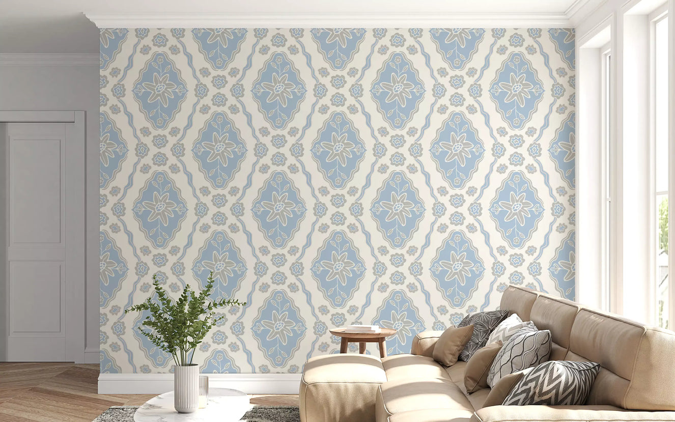 Living room styled with cottagecore botanical wallpaper and grey blue tones