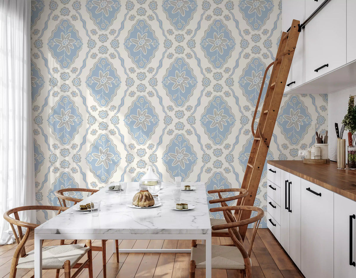 Hand-Drawn Cottagecore Floral Wallpaper - Blue Gray Spring