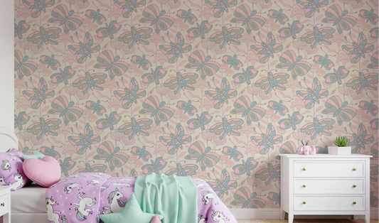 Girls room with Flutter butterfly floral wallpaper in blue gray blush