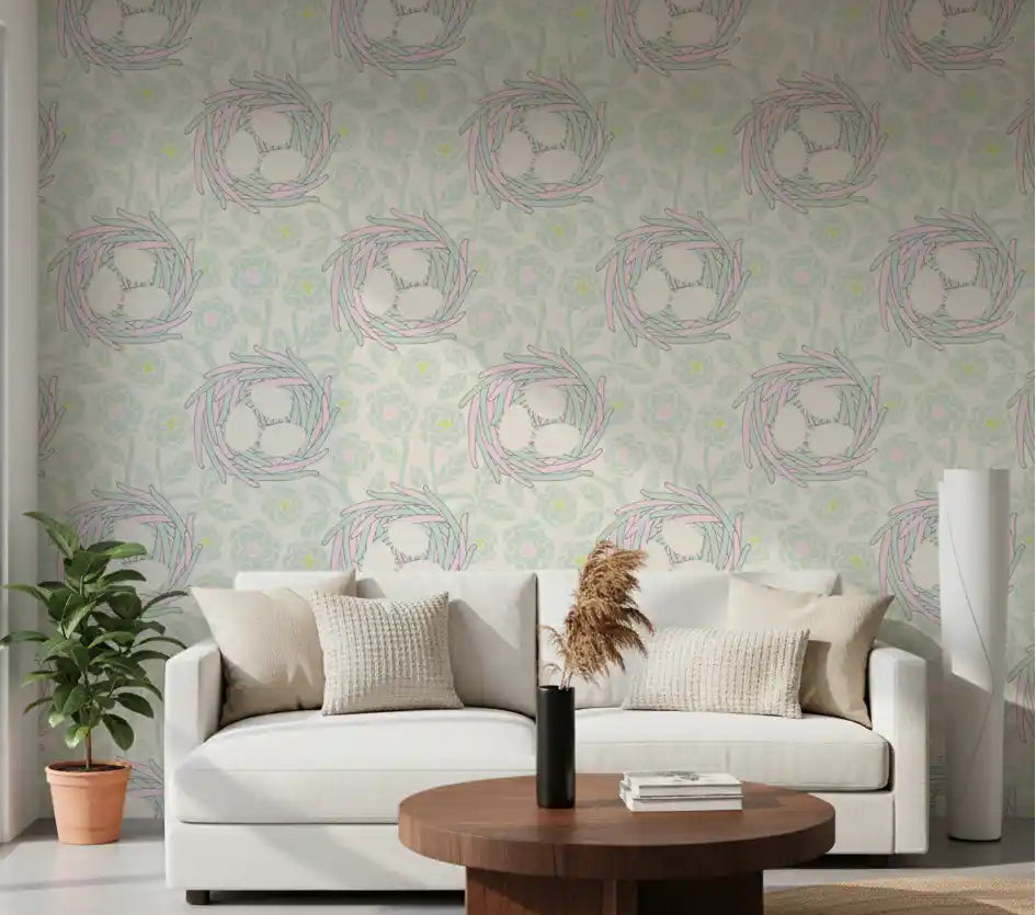 Cozy Nest wallpaper bird eggs floral pastel mint white hallway